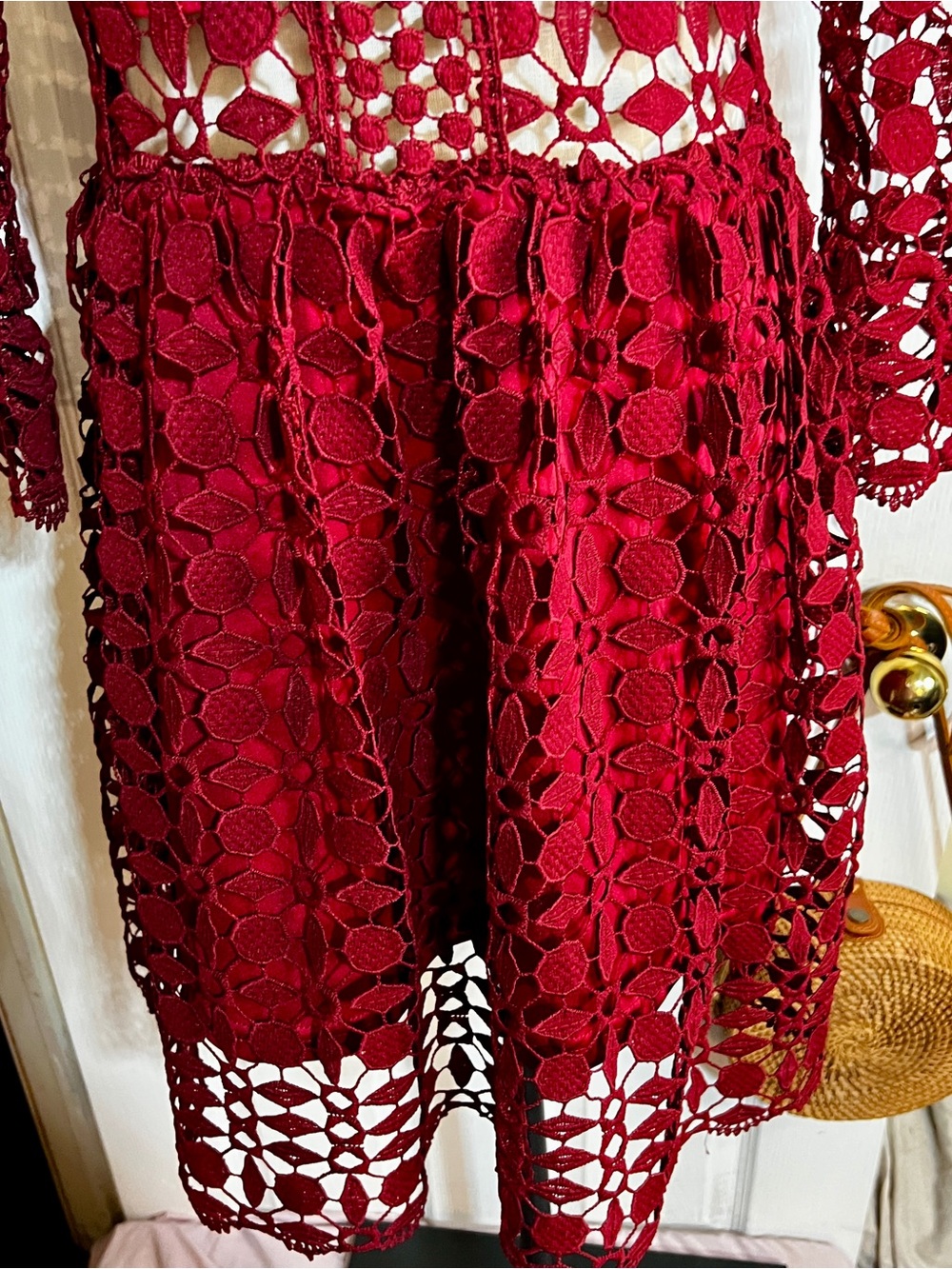 Eilly Bazar Wms Wine Lace Embroidery Cutout Inset Sheer Fit&Flare Mini Dress M - Picture 6 of 15